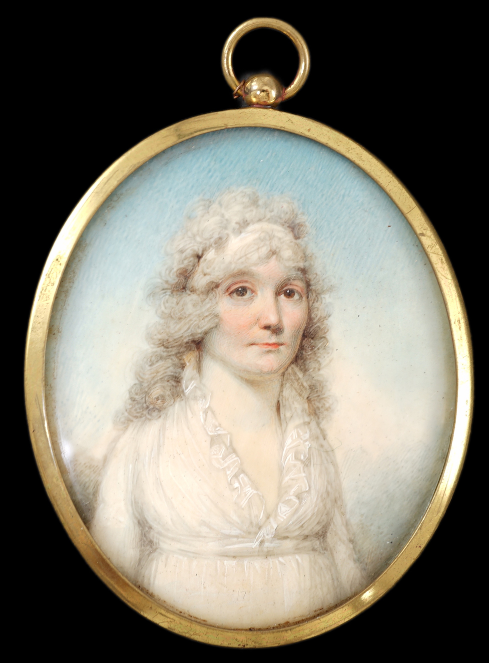 English School circa 1790-1800, Portrait miniature of a lady wearing a white dress, clouds beyond, watercolour on ivory, 7 x 5.6cm. CITES Submission reference N67WLTQT